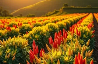 A scenic sunlit field with colorful vegetables and fruits growing naturally among lush greenery, representing the essence of organic farming.