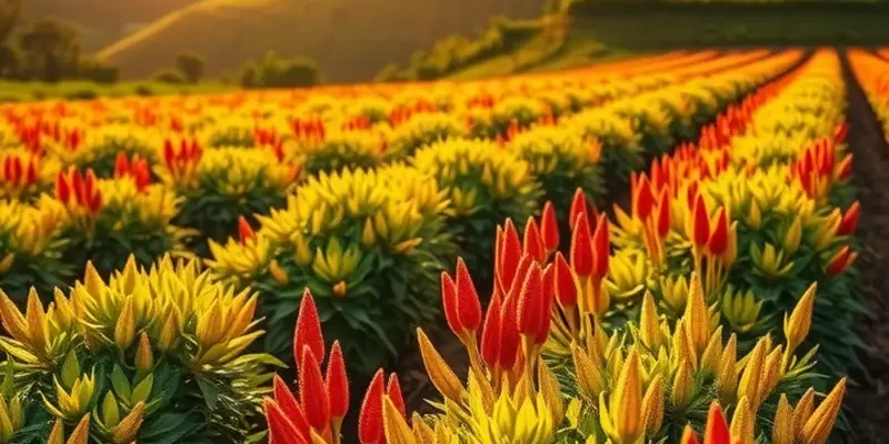 A scenic sunlit field with colorful vegetables and fruits growing naturally among lush greenery, representing the essence of organic farming.