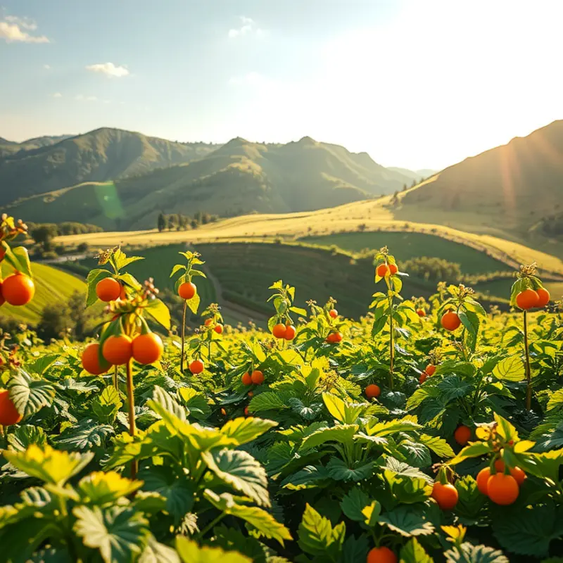 A sunlit field showcasing vibrant vegetables and fruits.