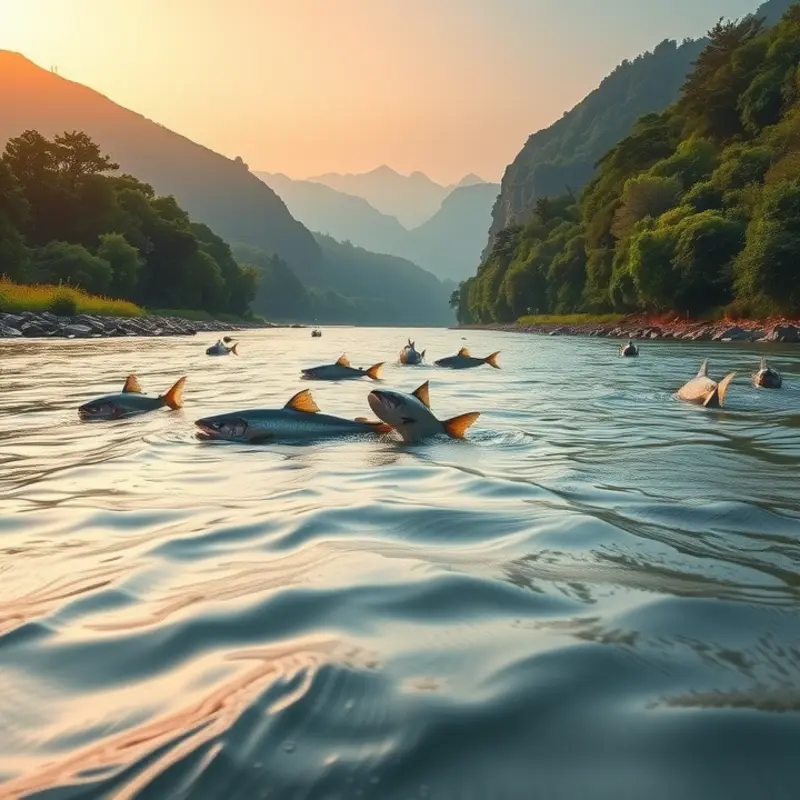 A tranquil Japanese river where salmon swim upstream, embodying a cultural connection to nature.
