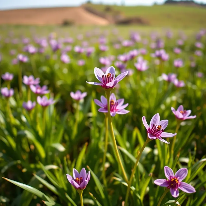 A beautiful sunlit saffron field filled with vibrant purple flowers.
