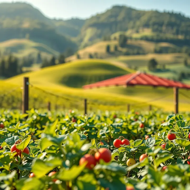 A sunlit orchard bursting with fresh vegetables and fruits, reflecting the abundance of Scandinavian nature.