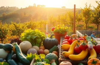 A lush field lit by the sun, brimming with colorful vegetables and fruits, representing healthy eating in a Mediterranean context.
