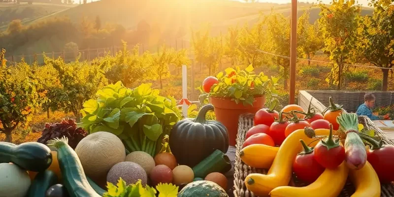 A lush field lit by the sun, brimming with colorful vegetables and fruits, representing healthy eating in a Mediterranean context.