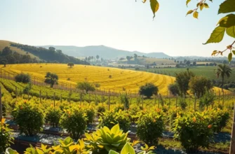 A serene landscape of a farm brimming with fresh, seasonal produce under clear skies.