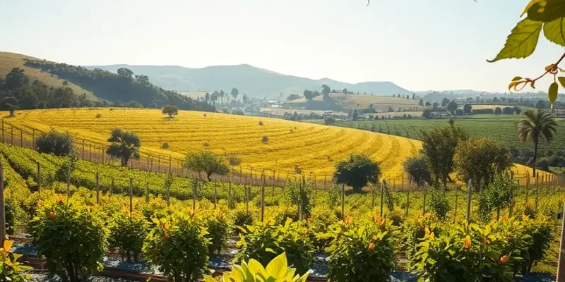 A serene landscape of a farm brimming with fresh, seasonal produce under clear skies.