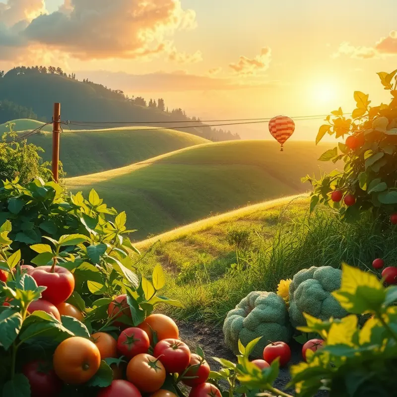 A vibrant sunlit field brimming with organic fruits and vegetables.