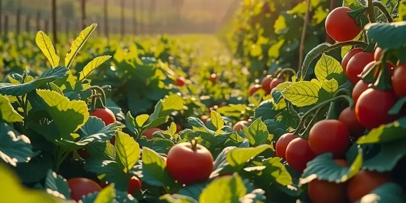 A picturesque sunlit field with vibrant vegetables and fruits, representing the theme of healthy eating.