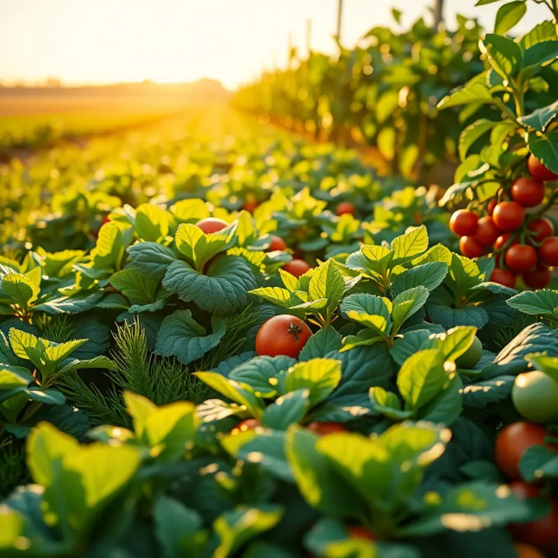 A sunlit field filled with vibrant vegetables and fruits among lush greenery.