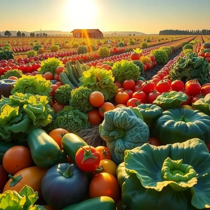 A sunlit field filled with vibrant vegetables and fruits among lush greenery.