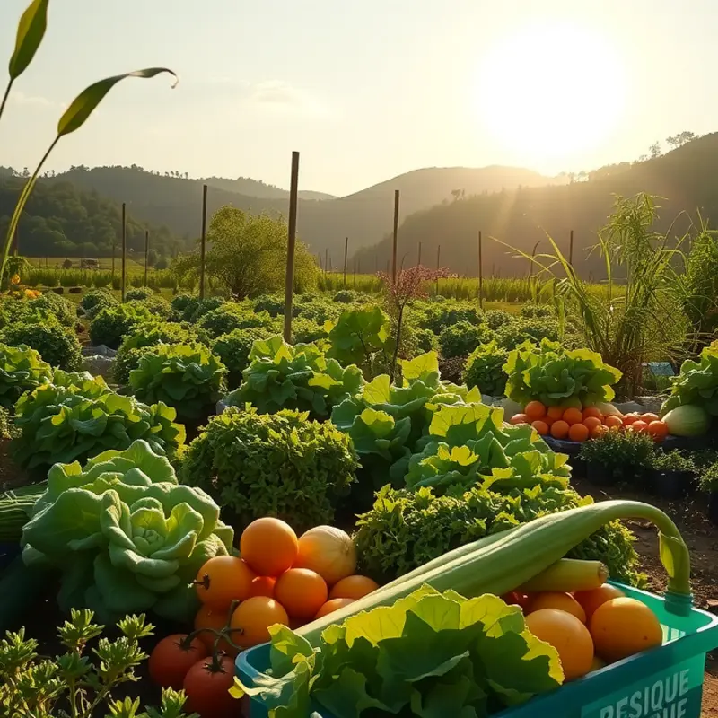 A beautiful sunlit field filled with vibrant vegetables and fruits, representing the essence of mindful eating.