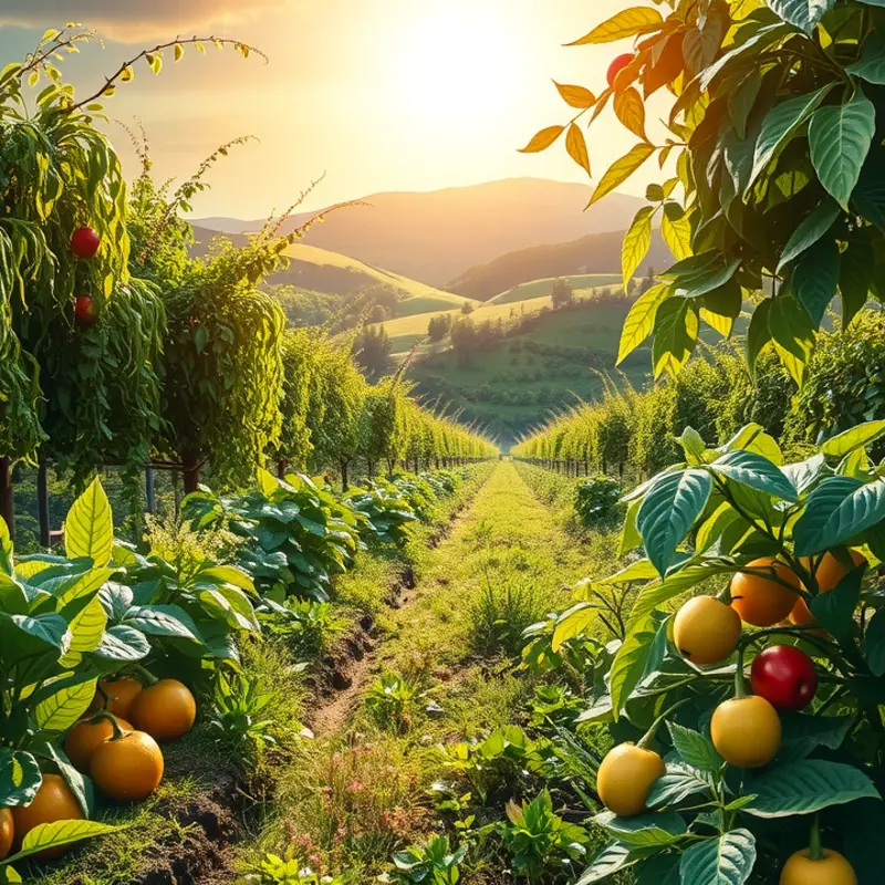 A vibrant array of organic fruits and vegetables in a lush field.