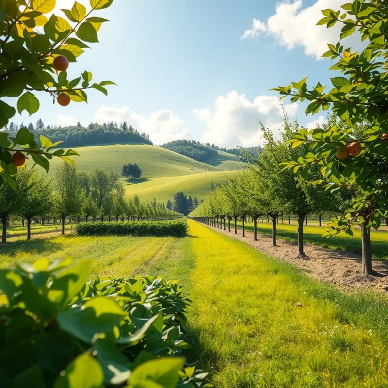 A sunlit orchard showcasing fresh organic produce, ideal for healthy meal inspiration.