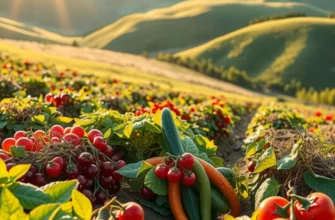 A picturesque field filled with fresh vegetables and fruits, representing the natural ingredients for stews.