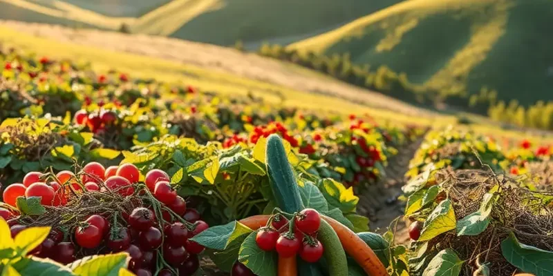 A picturesque field filled with fresh vegetables and fruits, representing the natural ingredients for stews.