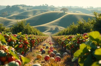 A sunlit field with vibrant vegetables and fruits growing naturally among lush greenery.