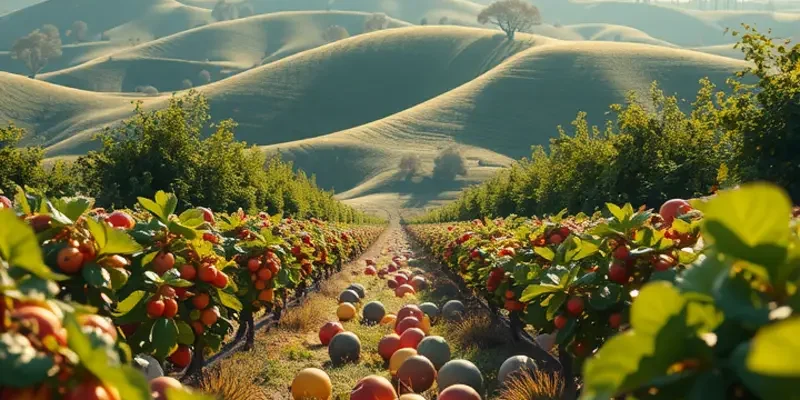A sunlit field with vibrant vegetables and fruits growing naturally among lush greenery.