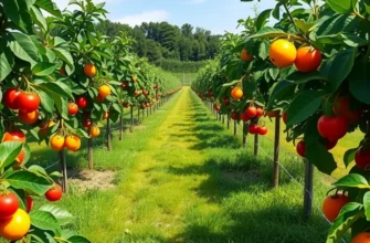 A sunlit orchard with fresh fruits and vegetables growing abundantly amidst lush greenery.