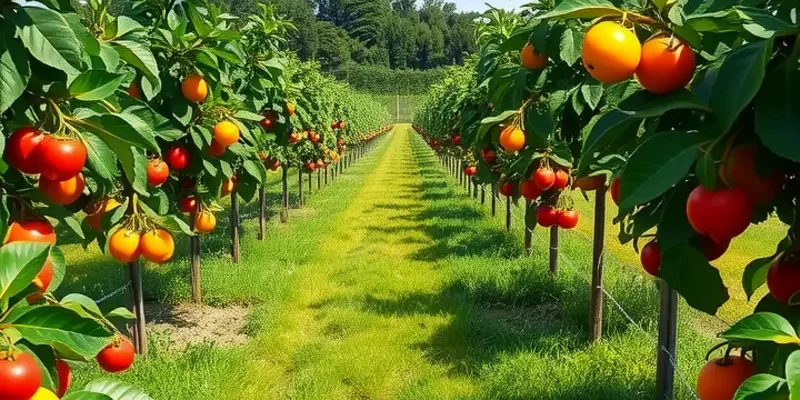 A sunlit orchard with fresh fruits and vegetables growing abundantly amidst lush greenery.
