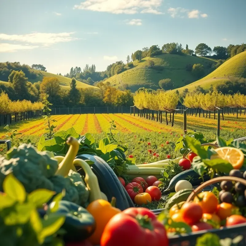 A sunlit orchard showcasing the natural abundance of avocados and other produce.