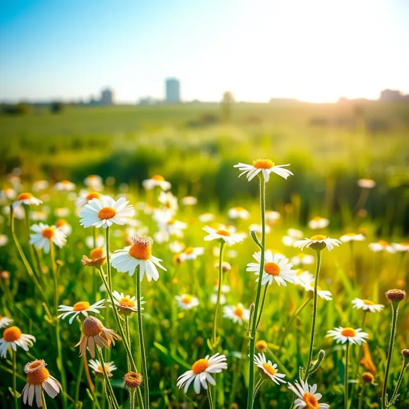 A serene field of chamomile flowers under the sun.