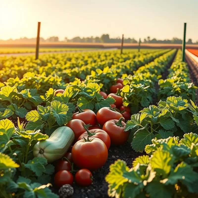 A lush farm field showcasing fresh vegetables and herbs essential for cooking.