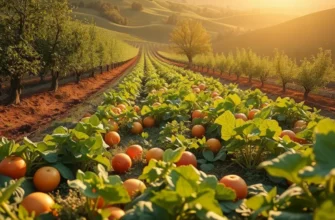 A stunning landscape of a sunlit field filled with bright fruits and vegetables, representing an abundance of organic produce.