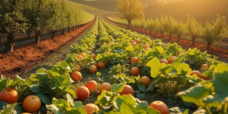 A stunning landscape of a sunlit field filled with bright fruits and vegetables, representing an abundance of organic produce.