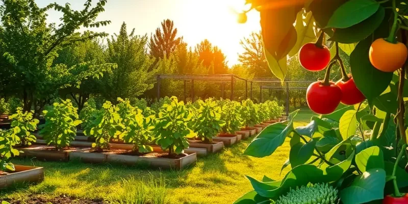 A sunlit field showcasing healthy organic fruits and vegetables.