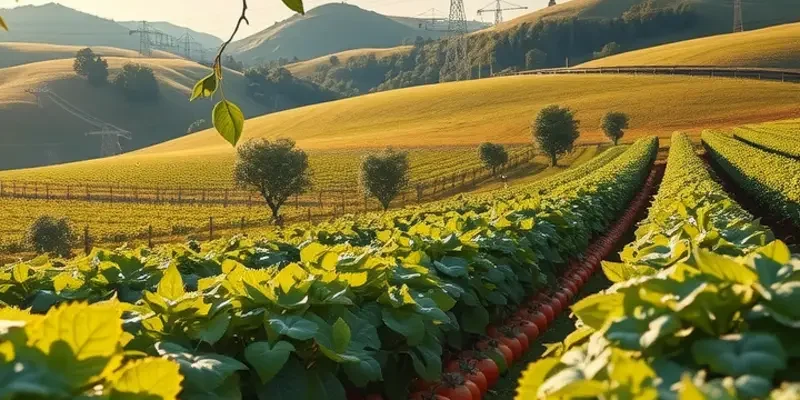 A vibrant, sunlit orchard filled with various organic fruits and vegetables.