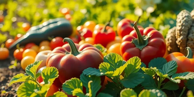 A delightful scenic view of a sunlit field with fresh organic vegetables and fruits representing healthy meal options.