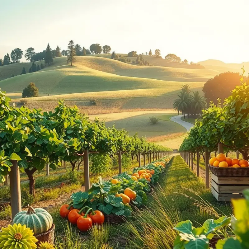 A sunlit field filled with vibrant fruits and vegetables.