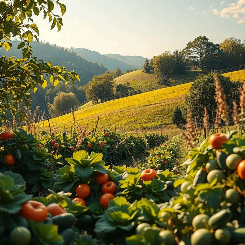 A vibrant sunlit field showcasing the abundance of organic vegetables and fruits.