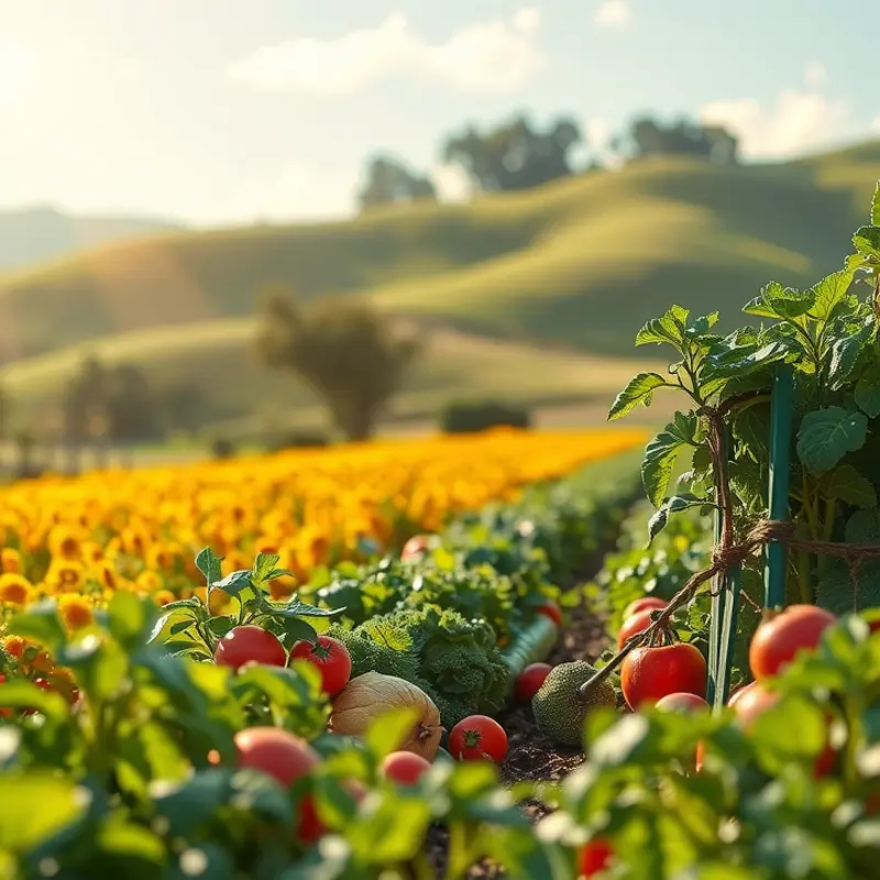 A vibrant sunlit field showcasing abundant organic produce.