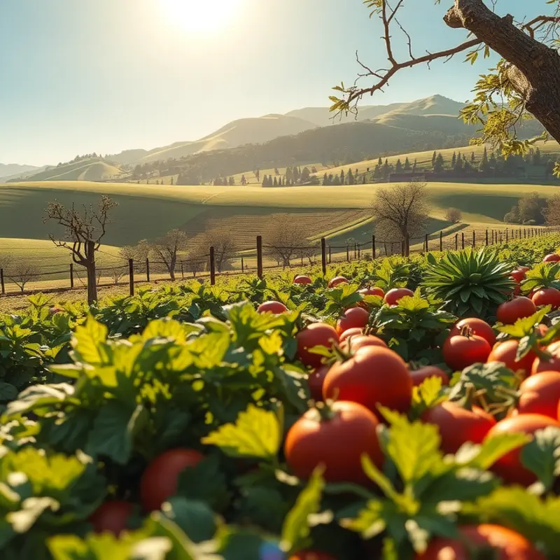 A lush field showcasing vibrant organic vegetables and fruits under the warm sun.