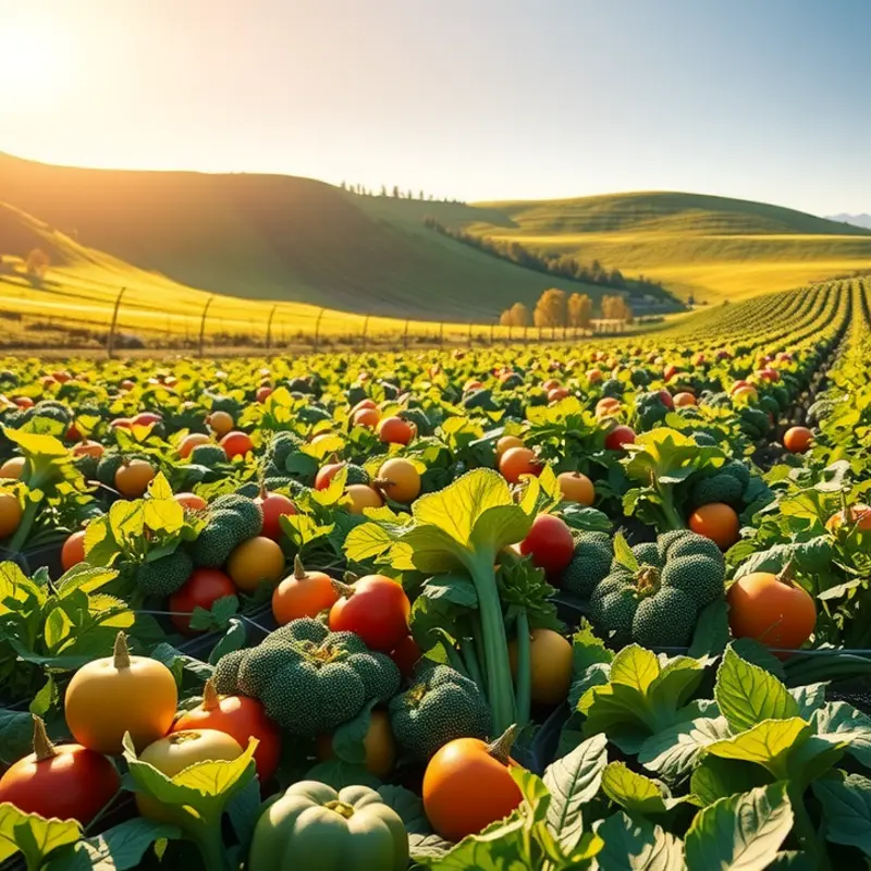 A vibrant sunlit field rich with vegetables and fruits, symbolizing organic freshness.