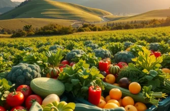 A sunlit field displaying an abundance of organic vegetables and fruits amidst lush greenery.