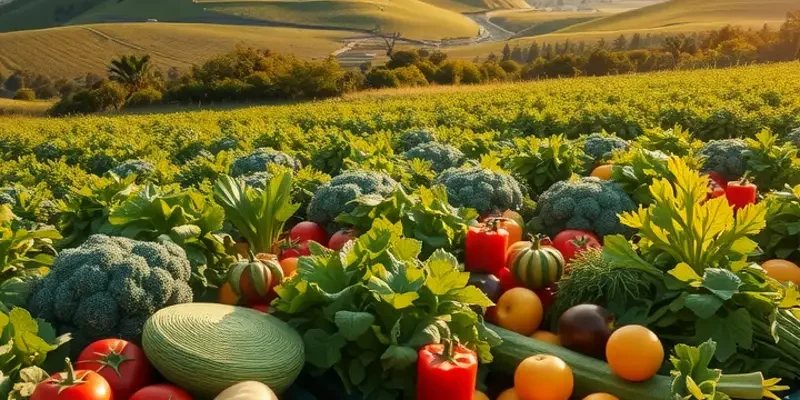 A sunlit field displaying an abundance of organic vegetables and fruits amidst lush greenery.