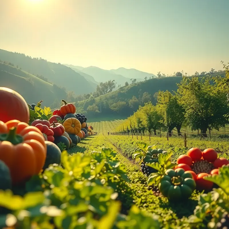 A vibrant sunlit field showcasing fresh vegetables and fruits in a naturally lush setting.