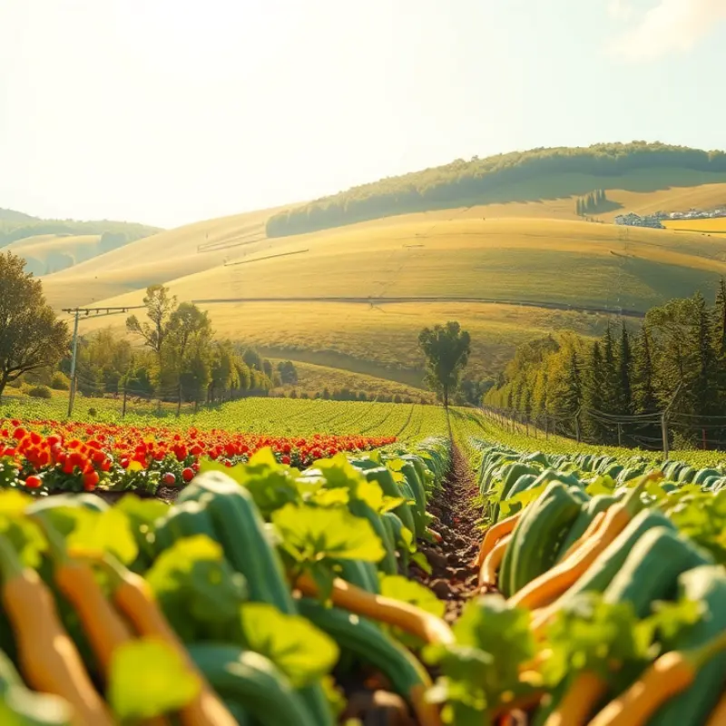 A sunlit orchard showcasing vibrant fruits and vegetables in a lush natural setting.