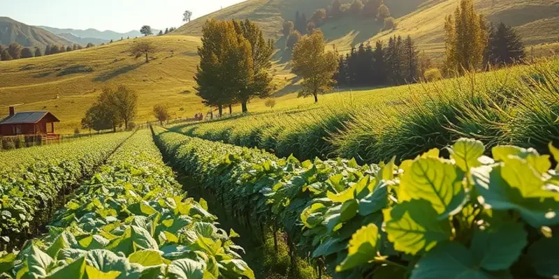 A scenic view of an orchard showcasing abundant, healthy produce growing under sunlight.
