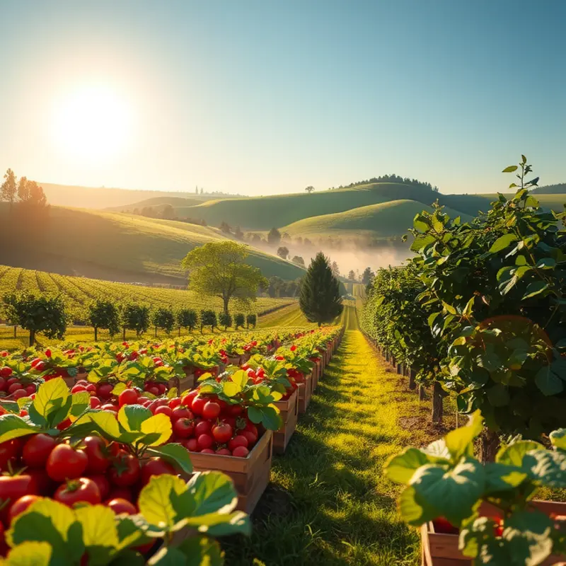 A tranquil sunlit field showcasing vibrant vegetables and fruits, embodying organic abundance.