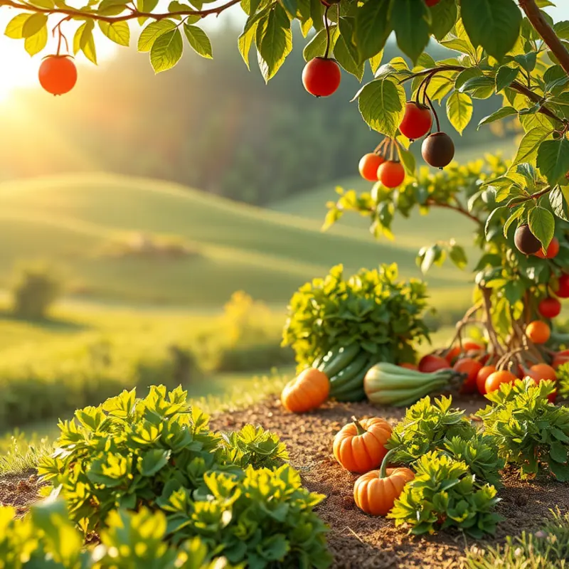 A sunlit field showcasing vibrant vegetables and fruits growing among lush greenery.
