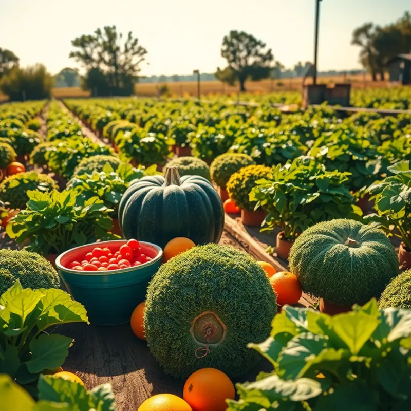 A sunlit field filled with vibrant vegetables and fruits, signifying fresh produce for healthy meals.