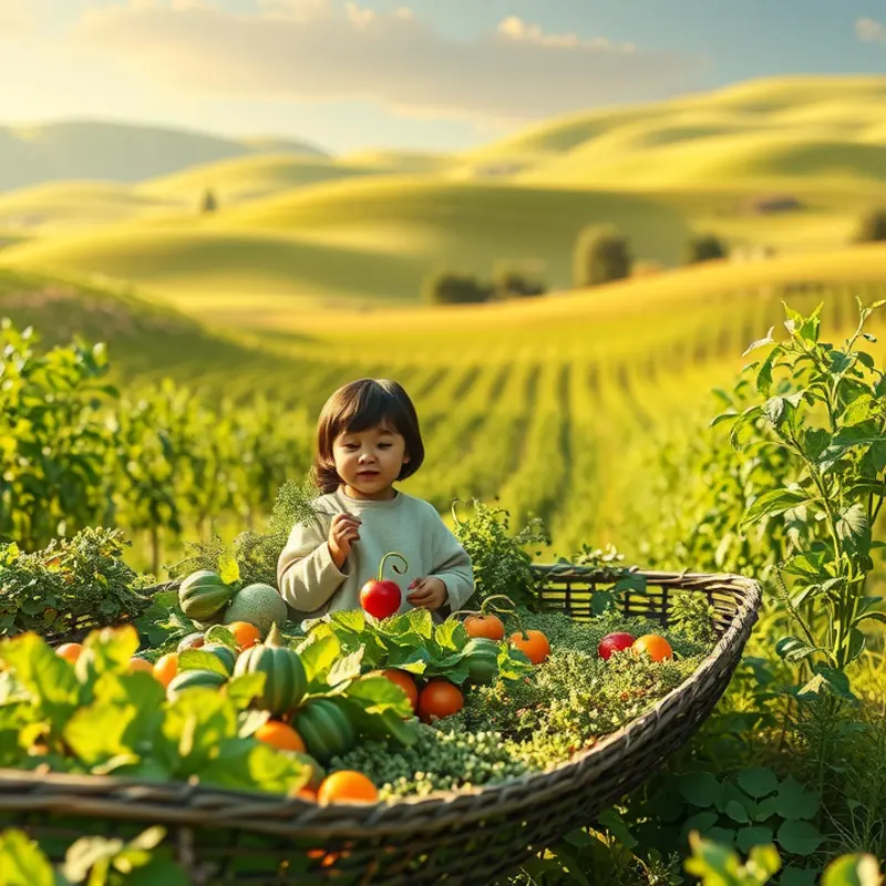 A vibrant field of organic vegetables and fruits basking in the sun.