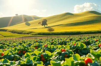 A scenic sunlit field with lush greenery and vibrant vegetables growing under warm light.