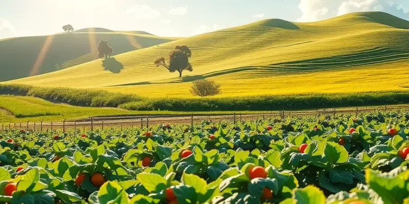 A scenic sunlit field with lush greenery and vibrant vegetables growing under warm light.