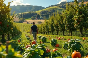 A scenic view of a sunlit field filled with fresh organic produce, including vegetables and fruits, amidst lush greenery.