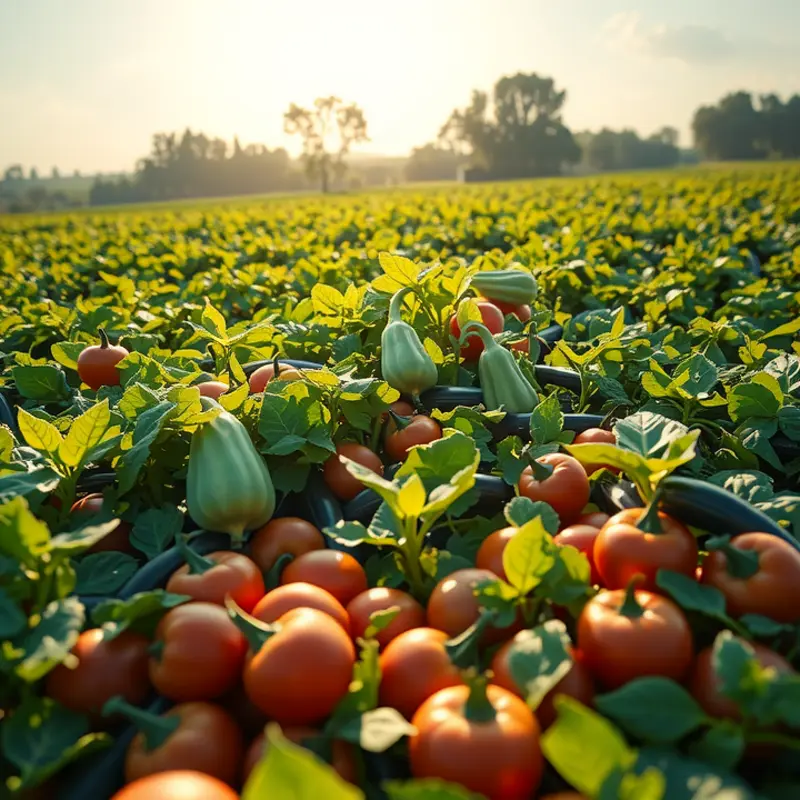 A sunlit field showcasing an abundance of organic vegetables and fruits.