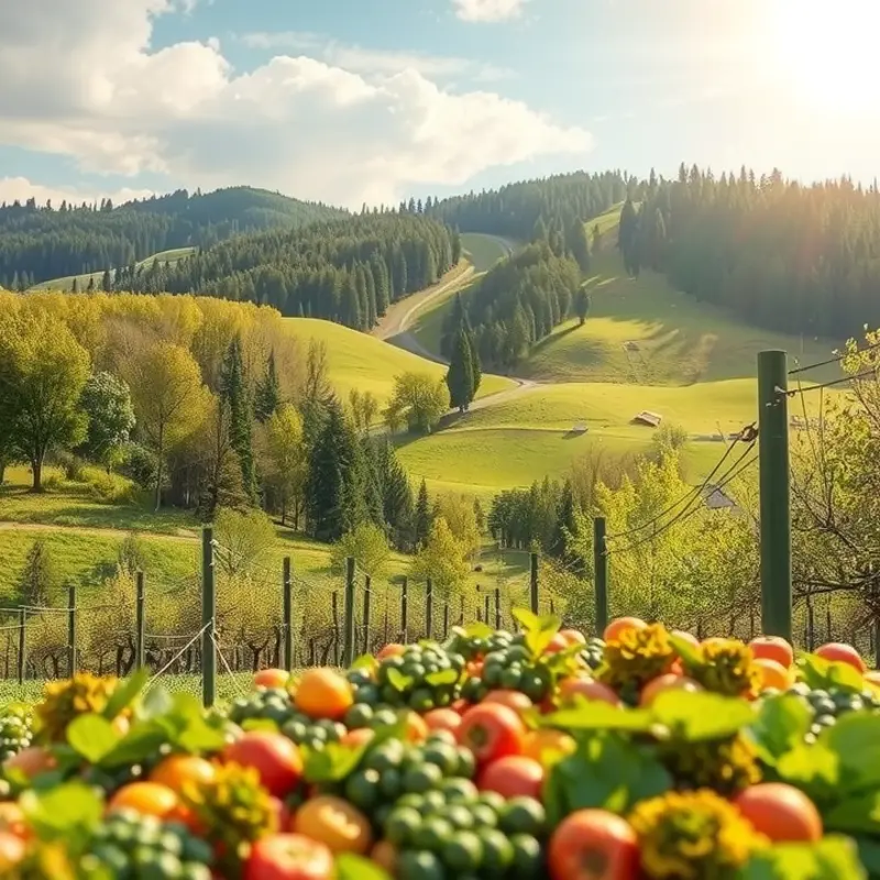 A sunlit field filled with vibrant fruits and vegetables, symbolizing fresh organic produce.